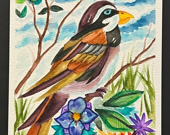 Flowers and Finch Watercolor 6x8 – Hand Painted Bird and Floral Art, Bright Garden Wall Decor, Original Nature Painting Gift