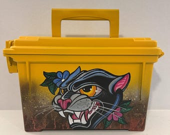 Lucky 13 Hand Painted Ammo Box – Tattoo Flash Art on Plastic Field Box – Winged Eye, Skull & Panther – Custom Acrylic Collector Piece