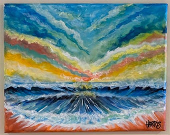 Kaleidoscope Beach Painting 8x10 – Vibrant Abstract Ocean Acrylic on Canvas – Colorful Coastal Wall Art – Hand Painted & Signed