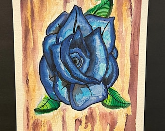 Blue Rose Watercolor 4x6 – Hand Painted Bold Rose Art, Tattoo Style Flower, Small Original Floral Painting, Gothic Botanical Decor