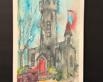 Castle Tower Watercolor • 4x6 Original Painting • Red Door Castle Art • Moody Watercolor Architecture • Fantasy Fortress Illustration