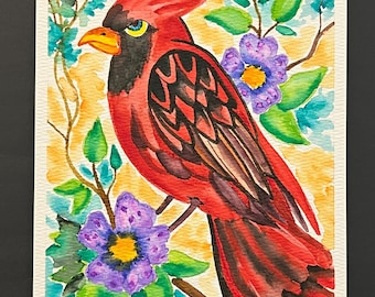 Cardinal Mood Bird Watercolor 6x8 – Hand Painted Red Cardinal Art, Floral Nature Decor, Bold Wildlife Original Painting