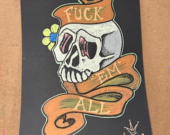 Skull Banner Art • Acrylic 5.5x8 Painting • Edgy Alternative Art • Dark Humor Artwork • Original Skull Art • Randall Scott Studios