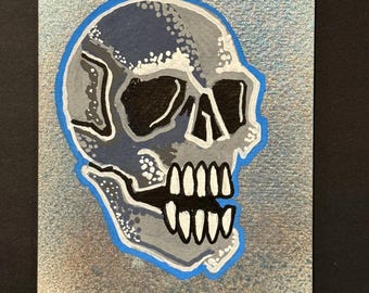Blue Skull Art • Shimmer 4x6 Acrylic Painting • Metallic Skull Mini • Dark Art Decor • Original Mini Artwork • Randall Scott Studios