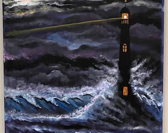 Night Watchman 9x12 Lighthouse Painting – Hand Painted Acrylic Seascape on Canvas – Stormy Ocean Moonlight Wall Art – Signed