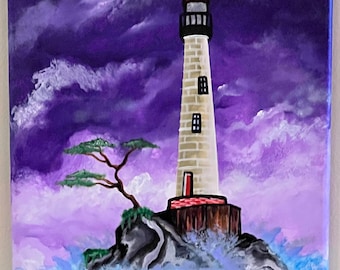 Rocky Shoal Lighthouse Painting - Hand Painted Acrylic Canvas - Purple Storm Ocean Art - Nautical Seascape Wall Decor Signed