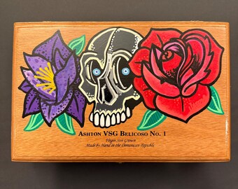 Skull and Roses Cigar Box | Hand Painted Ashton VSG Belicoso No.1 | Gothic Storage, Tattoo Art Decor, Unique Gift, Upcycled Box