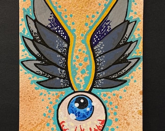 Winged Eyeball Art • Shimmer 4x6 Acrylic • Kustom Kulture Art • Flying Eye Painting • Mini Original • Lowbrow Art • Randall Scott Studios