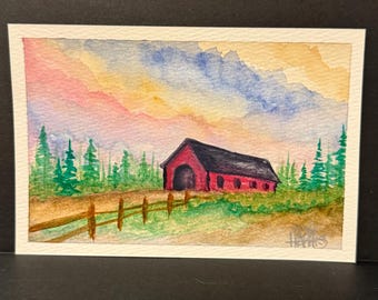 Covered Bridge Watercolor • 4x6 Original Painting • Rustic Country Landscape • Red Barn Bridge Art • New England Home Decor