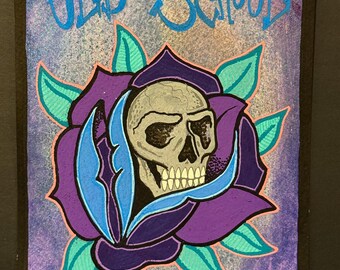Old School Tattoo Art • Shimmer 6x8 Acrylic • Skull in Rose Painting • Lowbrow Flash • Original Artwork • Randall Scott Studios
