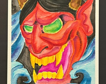Water Demon Original Watercolor | 6x8 Tattoo-Inspired Oni Art | Bold Demon Wall Decor | Lowbrow Flash Painting | One-of-a-Kind
