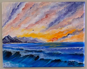 Mountain Horizon Painting 8x10 – Original Acrylic Landscape on Canvas – Purple Sky Mountain Scene – Hand Painted Nature Wall Art