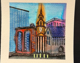 Boston Watercolor Art • 6x6 Original Painting • Cityscape Landmark Illustration • Historic Boston Architecture • Travel Wall Art