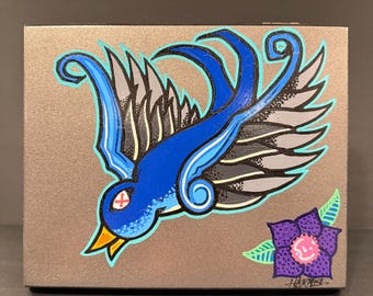 Bluebird Rebellion – Hand-Painted Wood Cigar Box | Tattoo-Style Art | Blue Bird & Flower Design | Randall Scott Studios