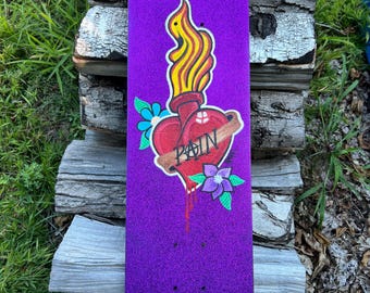 Love Hurts Skateboard Deck | Hand Painted 31.5"x7.5" Maple | Sacred Heart Tattoo-Inspired Glitter effect Art by Randall Scott Studios