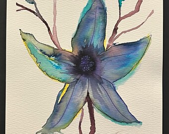 Bleeding Blue Watercolor Flower 6x8 – Hand Painted Abstract Bloom Art, Moody Floral Decor, One-of-a-Kind Nature Expression