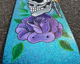 Bone & Bloom Skull Rose Skateboard Deck | Hand Painted 7-Ply Maple 31.5"x7.5" | Tattoo-Inspired Kustom Art by Randall Scott Studios