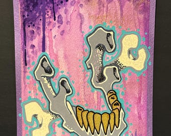 Abstract Skull Art • Shimmer 6x8 Acrylic • Purple Bone Painting • Neon Skull Decor • Original Artwork • Randall Scott Studios
