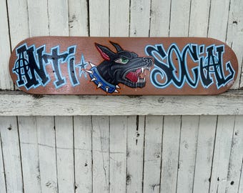 Rogue Hound | Hand Painted Original Skateboard Deck | Graffiti Street Art Dog Design | Tattoo-Inspired Wall Art for Collectors
