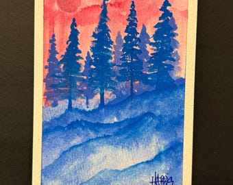 Blue Forest Watercolor • 4x6 Original Painting • Misty Pines Art • Red Sky Landscape • Nature Wall Decor • Serenity Artwork