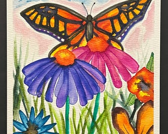 Monarch Landing Butterfly Watercolor 6x8 – Hand Painted Floral Art, Bright Garden Scene, Original Nature Insect Painting