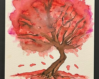 Tree of Life Watercolor 6x8 – Hand Painted Red Tree Art, Original Nature Wall Decor, Spiritual Rooted Artwork, One-of-a-Kind Gift