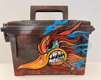Rusted Magic Ammo Box – Hand Painted Rat Rod Art Field Box with Skull, Flames, & Pinstriping – One-of-a-Kind Acrylic Hot Rod Decor