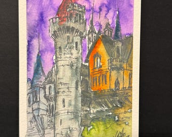 Fantasy Castle Watercolor • 4x6 Original Painting • Purple Sky Castle Art • Whimsical Architecture • Medieval Tower Illustration
