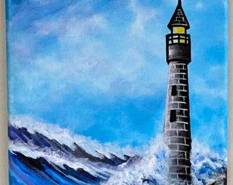 Stonewater Break Lighthouse Painting – Original Acrylic Seascape on Canvas, Coastal Wall Art, Ocean Waves, Nautical Home Decor