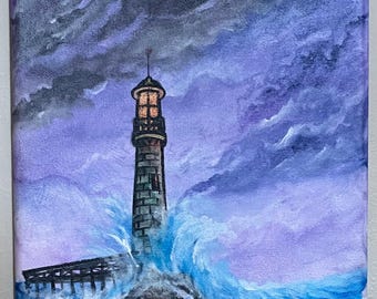 Storm on the Jetty Painting 8x10 – Original Acrylic Lighthouse Seascape – Moody Coastal Canvas Wall Art – Signed by Artist
