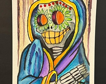Day of the Soldado Skull Art 4x6 – Hand Painted Sugar Skull Watercolor, Dia de los Muertos Decor, Colorful Skeleton Mini Painting