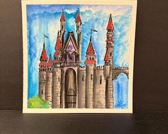 Fantasy Castle Watercolor • 6x6 Original Painting • Red Turret Castle Art • Whimsical Kingdom Illustration • Magical Wall Decor