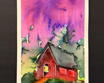 Cozy Cabin Watercolor • 4x6 Original Painting • Purple Sky Art • Forest Cottage • Whimsical Landscape Illustration