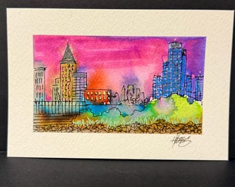 City Skyline Watercolor • 4x6 Original Painting • Vibrant Sunset Cityscape • Urban Wall Art • Modern Architecture Illustration