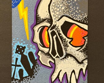 Skull Lightning Art • 4x6 Shimmer Acrylic • Graffiti Skull Painting • Neon Eyes Art • Original • Dark Edgy Decor • Randall Scott Studios