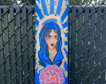 Our Lady of No Regrets Skateboard Deck | Hand Painted 31.5"x7.5" Maple | Sacred Rebel Madonna & Gold Leaf Art by Randall Scott Studios