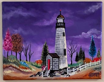 Cape Poge Lighthouse Painting 8x10 – Hand Painted Acrylic Art on Canvas – Martha’s Vineyard Coastal Decor – Signed Original