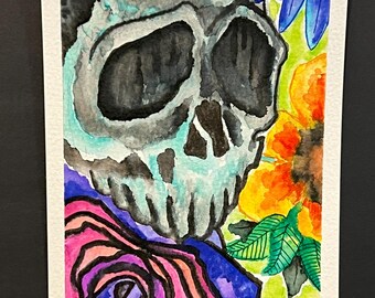 Wicked Garden Skull Watercolor 4x6 – Hand Painted Gothic Floral Art, Dark Botanical Decor, Mini Original Tattoo-Inspired Painting