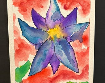 Blue Flower Watercolor 4x6 – Hand Painted Bold Floral Art, Vibrant Mini Flower Painting, Colorful Abstract Botanical Decor