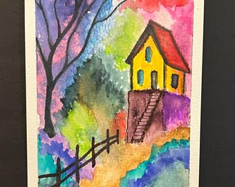 Hansel and Gretel Watercolor Painting | 4"x6" Original Art | Whimsical Cottage Forest Scene | Fairytale Wall Decor