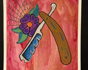 Straight Razor Art • Shimmer 6x8 Acrylic • Tattoo Flash Painting • Barber Art • Edgy Floral Decor • Original Artwork • Randall Scott Studios