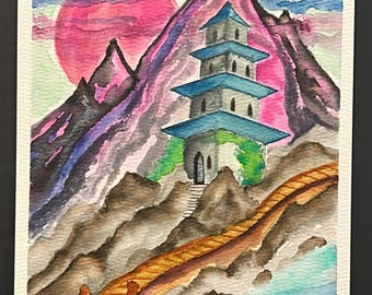 Japan by Sunset Pagoda Watercolor 6x8 – Hand Painted Asian Landscape Art, Vibrant Red Sun, Tranquil Travel-Inspired Original Painting