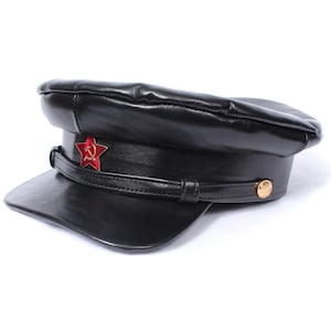 Sovjetisk svart läderkeps, sovjetisk armévisirhatt, solhatt för officerare från Röda armén, visirkeps från Röda armén, keps med röd stjärna, sovjetisk vintagegåva