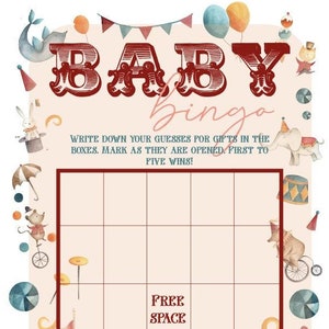 Circus Bordered/Themed Baby Bingo Shower Game -- Digital Download