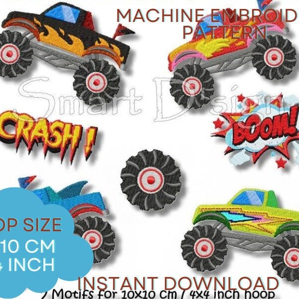 10x10 cm 4x4 inch hoop Machine Embroidery Design Set | MONSTER TRUCKS 7 Motifs Set Boys Cars Smart D'sign Instant Download File