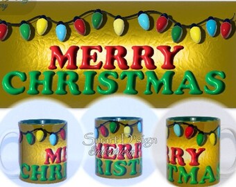 3D Golden MERRY CHRISTMAS 11 Oz Mug Wrap Design | Notebook | Pencil Case | Phone Case | High Resolution PNG Files | Digital Download