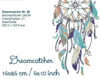 May include: A colorful dreamcatcher embroidery design with feathers and beads. The design is 16 inches by 26 inches or 6 inches by 10 inches.