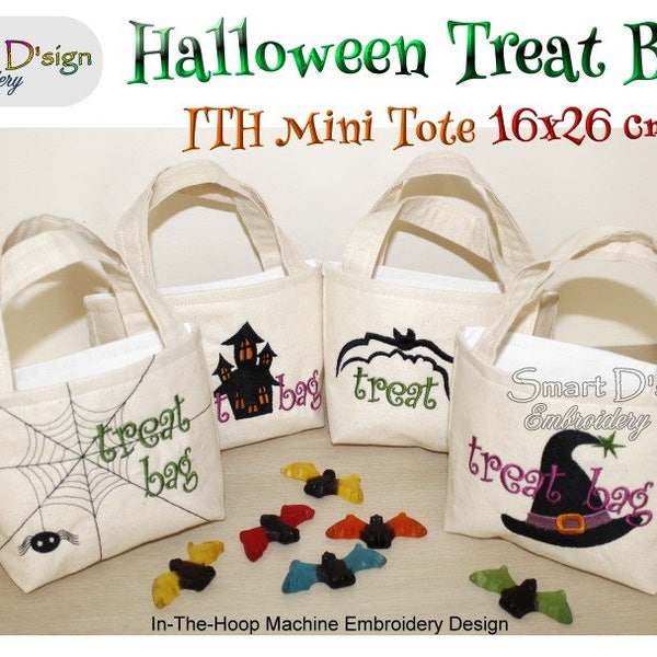 4x ITH Halloween Tote Treat Bags 6x10 inch Set In The Hoop Machine Embroidery Design