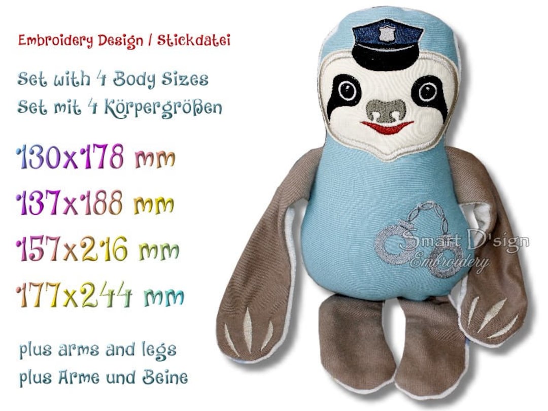 ITH SLOTH Police Officer 4 Sizes in the Hoop Machine Embroidery Design ...