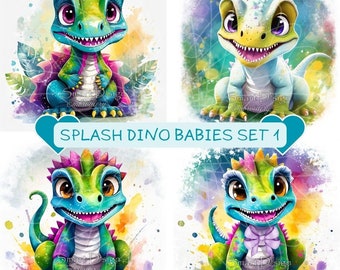 Adorable SPLASH Dino Babies Digital Art - Set 1 - Super Cute T-Rex Dinosaur | High Resolution PNG Files | Direct Download | Digital Item